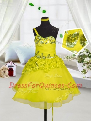 Organza Sleeveless Mini Length Little Girls Pageant Dress and Beading and Appliques and Hand Made Flower