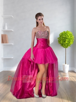 High Low Sweetheart 2015 Hot Pink Dama Dresses  With Beading