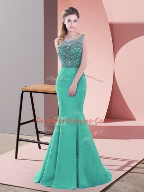 Turquoise Mermaid Satin Scoop Sleeveless Beading Backless Sweep Train