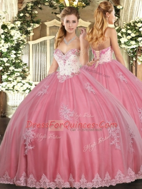 Most Popular Watermelon Red Lace Up Vestidos de Quinceanera Beading and Appliques Sleeveless Floor Length