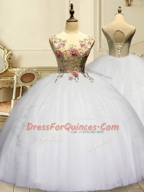 Fantastic Floor Length White Quinceanera Gown Organza Sleeveless Appliques and Ruffles