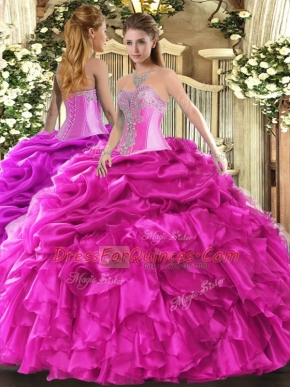 Floor Length Lace Up Quinceanera Dresses Hot Pink for Military Ball and Sweet 16 and Quinceanera with Beading and Ruffles and Pick Ups