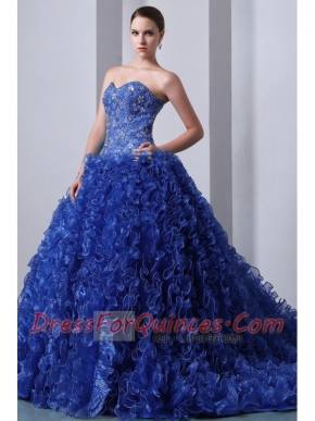 A-Line / Princess Blue Sweetheart Brush Train  Organza Beautiful Quinceanea Dress With Beading and Ruffles