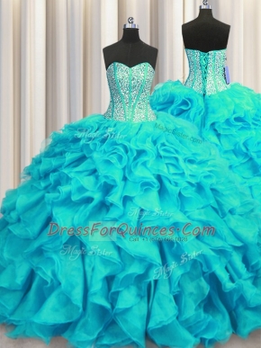 Beautiful Visible Boning Aqua Blue Lace Up Quinceanera Dress Beading and Ruffles Sleeveless Brush Train