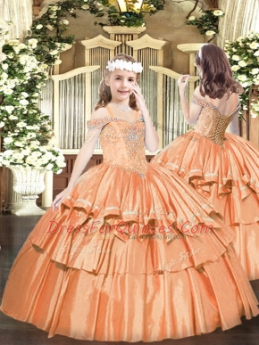 Excellent Orange Ball Gowns Beading and Ruffled Layers Pageant Dress for Womens Lace Up Organza Sleeveless Floor Length
