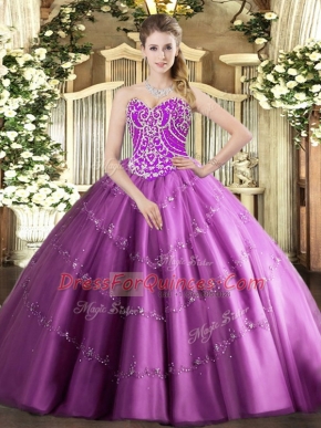 Floor Length Lace Up Sweet 16 Quinceanera Dress Lilac for Military Ball and Sweet 16 and Quinceanera with Beading and Appliques