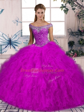 High Quality Off The Shoulder Sleeveless Tulle Quinceanera Gown Beading and Ruffles Brush Train Lace Up
