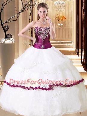 Inexpensive Sleeveless Floor Length Beading Lace Up Ball Gown Prom Dress with White