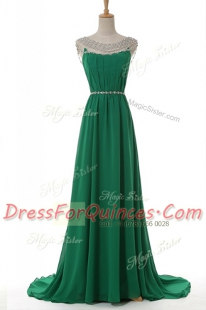 Scoop Green Column/Sheath Belt Prom Party Dress Side Zipper Elastic Woven Satin Sleeveless With Train