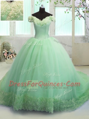 Eye-catching Ball Gowns Organza Off The Shoulder Short Sleeves Hand Made Flower With Train Lace Up Ball Gown Prom Dress Court Train