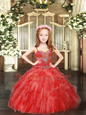 Red Ball Gowns Beading and Ruffles Pageant Gowns For Girls Lace Up Tulle Sleeveless Floor Length