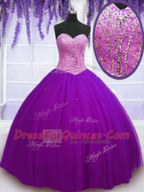Sleeveless Tulle Floor Length Lace Up Quince Ball Gowns in Eggplant Purple with Beading