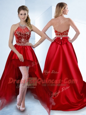Traditional Halter Top Red Sleeveless Beading High Low Prom Dress