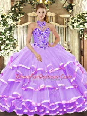 Fantastic Floor Length Lace Up Sweet 16 Dresses Lavender for Military Ball and Sweet 16 and Quinceanera with Beading and Embroidery and Ruffled Layers