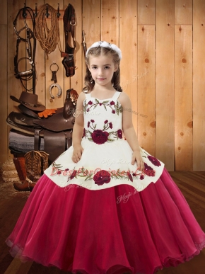 Beautiful Sleeveless Floor Length Embroidery Lace Up Kids Formal Wear with Red