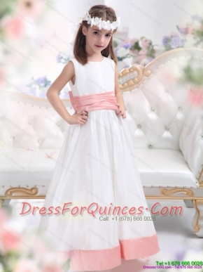 White Scoop 2015 Adorable Little Girl Pageant Dress with Pink Waistband