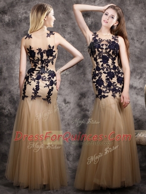 Spectacular Mermaid Scoop Sleeveless Tulle Floor Length Side Zipper Prom Evening Gown in Champagne with Lace and Appliques