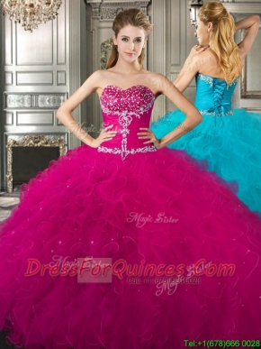 Affordable Beaded and Ruffled Fuchsia Sweet 16 Dress in Tulle