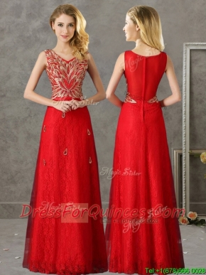 Classical V Neck Red Prom Dresses with Appliques and Beading