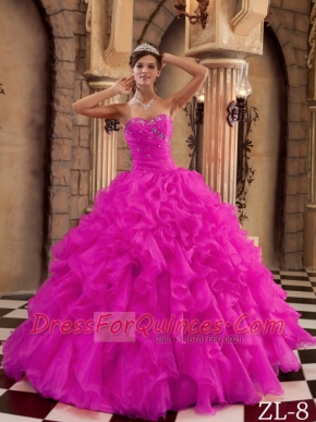 Cute Hot Pink Ball Gown With Sweetheart Floor-length Ruffles Organza Quinceanera Dress In 2013