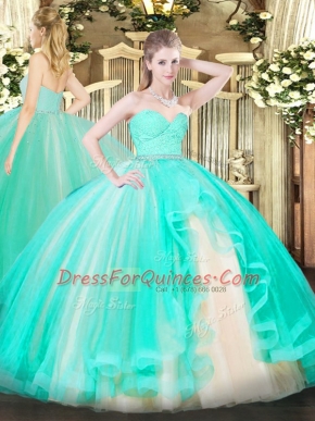 Glittering Floor Length Apple Green 15 Quinceanera Dress Tulle Sleeveless Beading and Lace and Ruffles