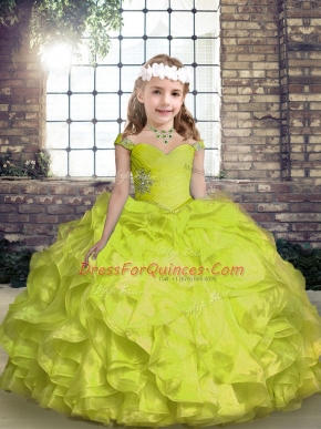 Beading and Ruffles and Ruching Pageant Dress for Teens Yellow Green Lace Up Sleeveless Floor Length