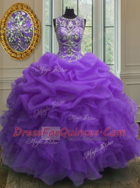 Smart Scoop Purple Organza Lace Up Quinceanera Dresses Sleeveless Floor Length Beading and Ruffles and Pick Ups