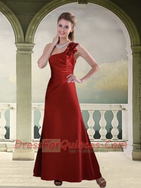 Ruching One Shoulder Wine Red Dama Dress with Hand Made Flowers