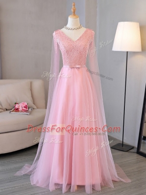 Baby Pink Tulle Lace Up Prom Dress Long Sleeves Floor Length Beading