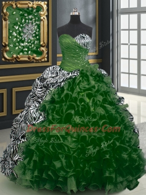 Suitable Printed With Train Ball Gowns Sleeveless Dark Green Quinceanera Gowns Brush Train Lace Up