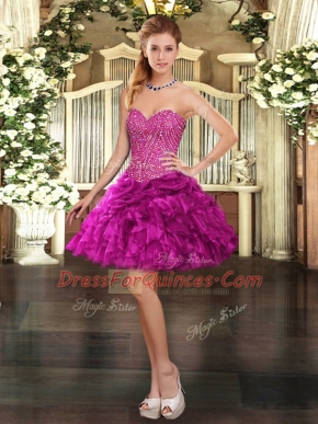 Flirting Fuchsia Lace Up Sweetheart Beading and Ruffles Prom Evening Gown Organza Sleeveless