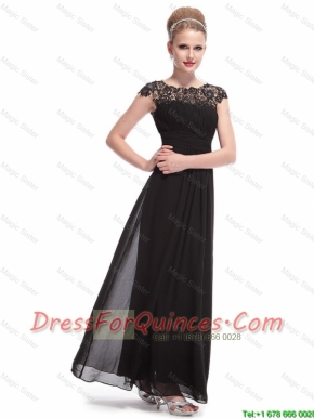 Beautiful Bateau Black Prom Dresses with Lace and Ruching