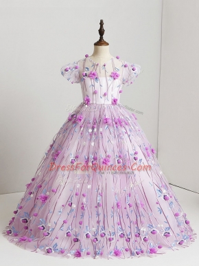 V-neck Short Sleeves Little Girl Pageant Dress Floor Length Hand Made Flower Lilac Tulle