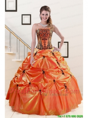 2015 Cheap Orange Red and Black Quinceanera Dresses with Appliques