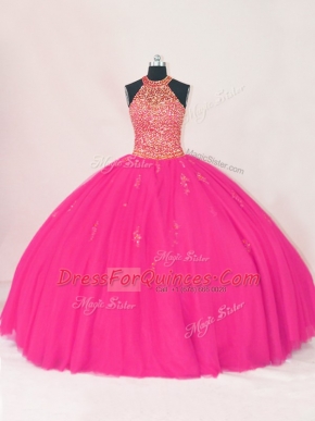 Eye-catching Hot Pink Sleeveless Tulle Lace Up Quinceanera Gown for Sweet 16 and Quinceanera