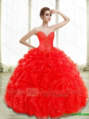 Elegant Beading and Ruffles Red Quince Dresses