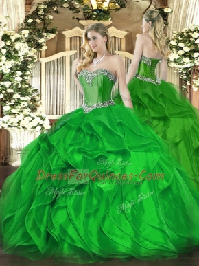 Green Sleeveless Floor Length Beading and Ruffles Lace Up Quince Ball Gowns