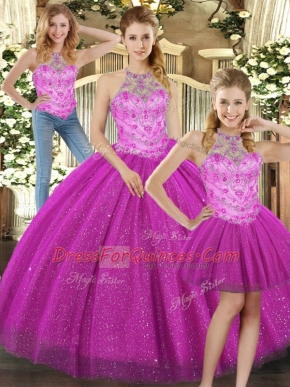 High Class Fuchsia Three Pieces Beading Vestidos de Quinceanera Lace Up Tulle Sleeveless Floor Length