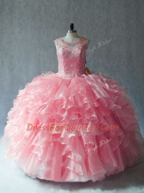 Pink Sleeveless Beading and Ruffles Lace Up Quinceanera Gowns