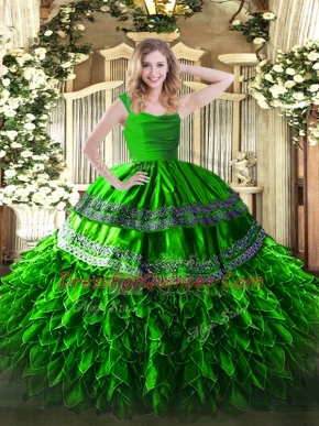 Green Zipper Straps Beading and Lace and Ruffles Quinceanera Dresses Organza Sleeveless