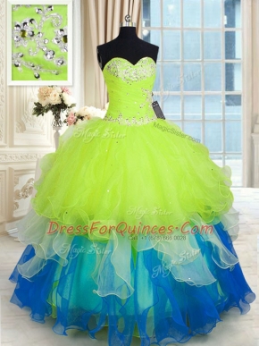 Multi-color Ball Gowns Beading and Ruffles Ball Gown Prom Dress Lace Up Organza Sleeveless Floor Length