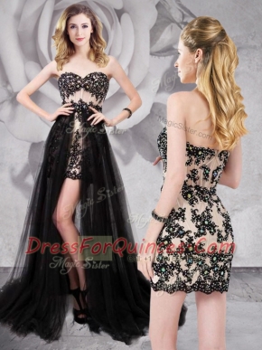 Black Sleeveless Brush Train Beading and Appliques With Train Dress for Prom