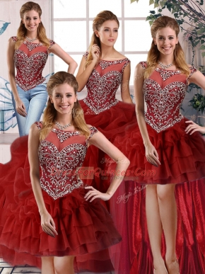 Wine Red Ball Gowns Scoop Sleeveless Organza Brush Train Zipper Beading and Pick Ups Quince Ball Gowns