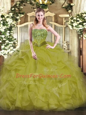 Classical Strapless Sleeveless Quinceanera Dress Floor Length Beading and Ruffles Olive Green Organza