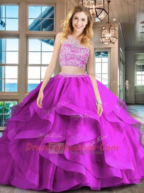Fuchsia Backless Scoop Beading and Ruffles 15th Birthday Dress Tulle Sleeveless Brush Train
