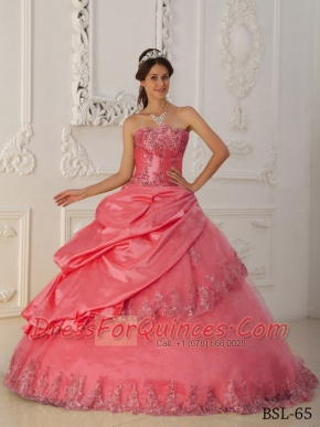 Watermelon A-Line / Princess Sweetheart Floor-length Taffeta and Tulle Beading For Sweet 16 Dresses