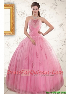 2015 Pretty Pink Quinceaneras Dresses with Appliques and Beading