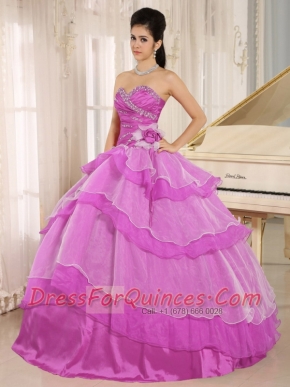 Hot Pink Sweetheart Beaded Decorate and Ruched Bodice Ruffled Layeres Quinceanera Dress In 2013