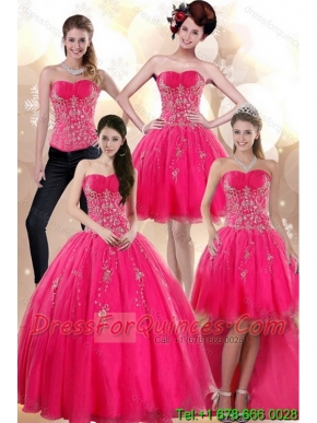 2015 Elegant Strapless Hot Pink Dresses for Quince with Appliques