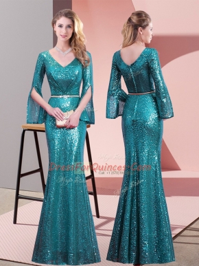 Super Teal V-neck Zipper Belt Party Dress for Toddlers Long Sleeves